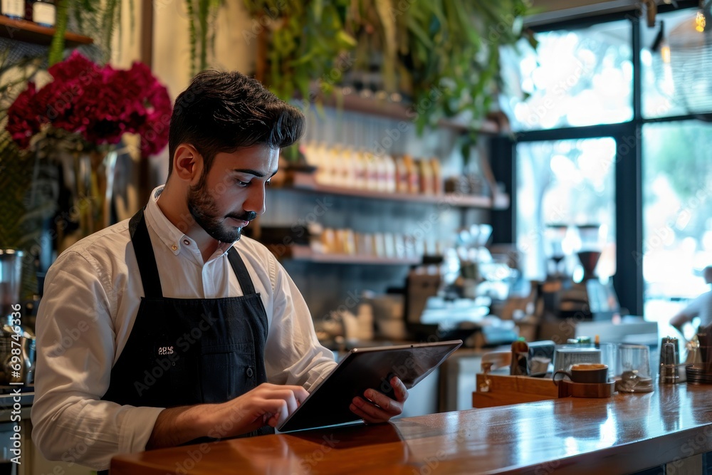 A tech-savvy waiter in a bustling artisanal cafe masterfully manages orders on his digital tablet, combining warm customer service with the efficiency of modern technology. A tech-savvy waiter in a bustling artisanal cafe masterfully manages orders on his digital tablet, combining warm customer service with the efficiency of modern technology.