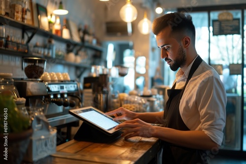 In the heart of a cozy artisanal cafe, a diligent waiter harnesses the power of technology, attentively navigating a digital tablet to streamline service with a touch of modern flair.