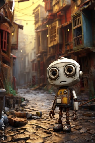 Small cute robot in historical settings, blending futuristic elements with timeless scenes. Apocalyptic photo