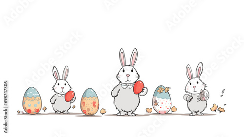 copy space, simple vector illustration set, cute easter bunny carrying easter eggs, isolated on white background, cartoon hand drawn style appealing to children. cartoon style appealing to children. B
