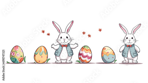 copy space, simple vector illustration set, cute easter bunny carrying easter eggs, isolated on white background, cartoon hand drawn style appealing to children. cartoon style appealing to children. B