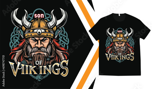 Customizable Viking T-Shirt Design, Custom vikings t-shirt Graphics, Viking Warriors tshirt, apparel custom design print mockup. photo
