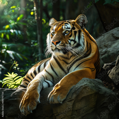 Tiger resting on a rock in the jungle