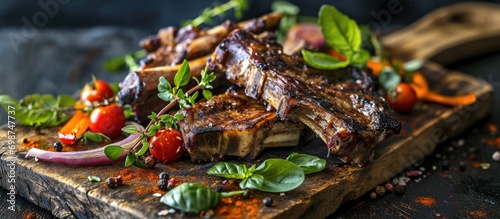 Grilled lamb ribs with mint and colorful vegetables. photo