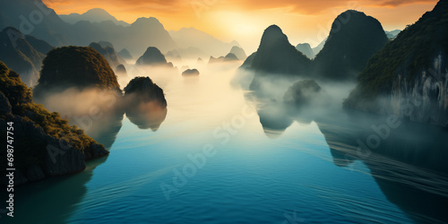 aerial predawn view of the sea bay with karst limestone islets and cliffs in morning fog photo