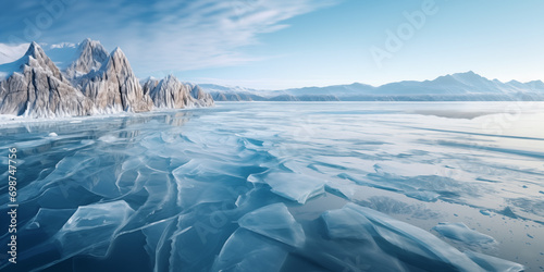 winter view of a large frozen lake with mountainous shores