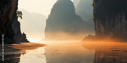 predawn fog in a tropical river with beautiful karst limestone cliffs