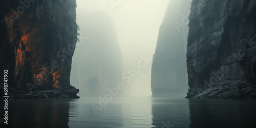 tropical coast with rocky cliffs in morning fog photo