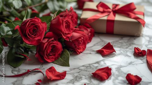 A bouquet of red roses and a gift on a granite table valentines day date romance love