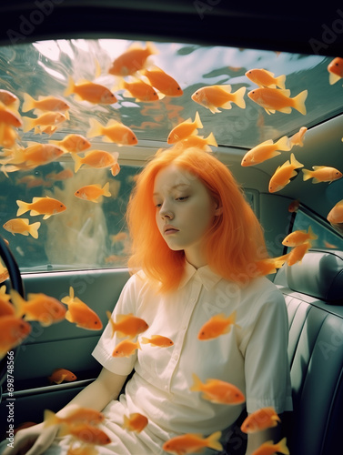 Surreal underwater car ride with orange-haired girl and fish