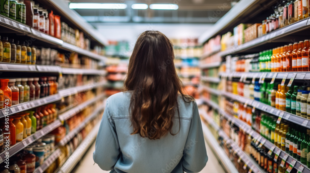 A woman comparing products in a grocery store - obrazy, fototapety, plakaty 