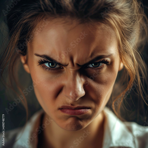 Generative AI image of a woman with intense frown upset