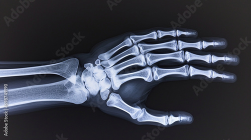 Human adult  hand bones x-ray image. Medical and anatomy radiography or imagery photo