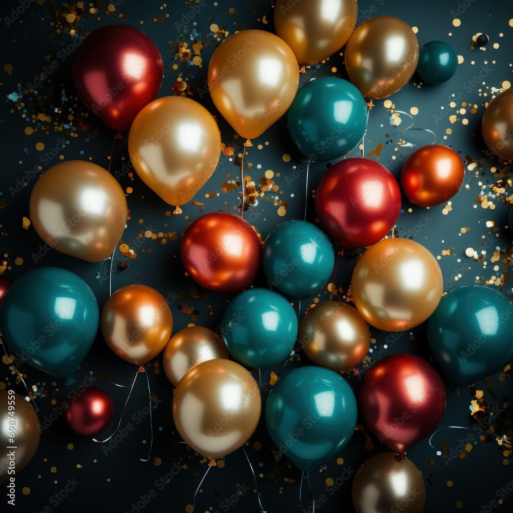 Colorful Metallic Balloons Against Dark Background Colorful Metallic Balloons Against Dark Background