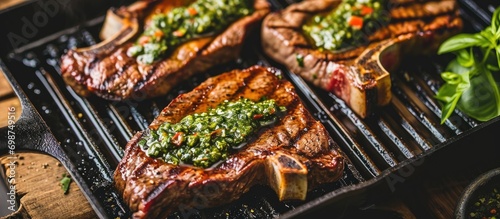 Grilled steak with chimichurri on a grill pan on table photo