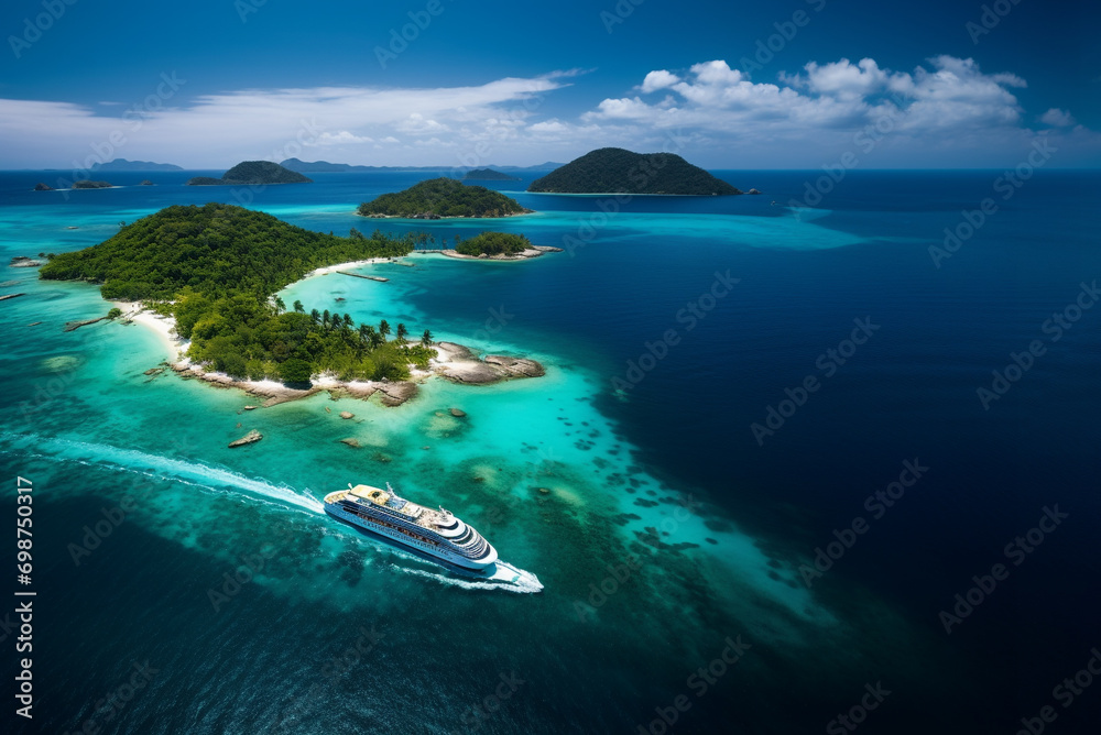 Aerial view of beautiful white cruise ship above luxury cruise in the ocean sea at noon time. Cruise ship sailing through idyllic south seascape with paradise islands. Copy space design for your text. - obrazy, fototapety, plakaty 