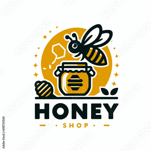Logo for a store selling natural bee honey with an image of a jar of honey, a bee flying over the jar, and a special wooden spoon for honey. The concept of healthy eating, natural products, nature