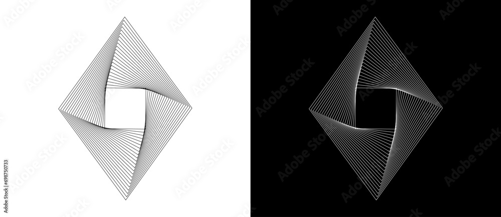 Striped rhombus with swirl lines as logo or icon. Black shape on a white background and the same white shape on the black side.