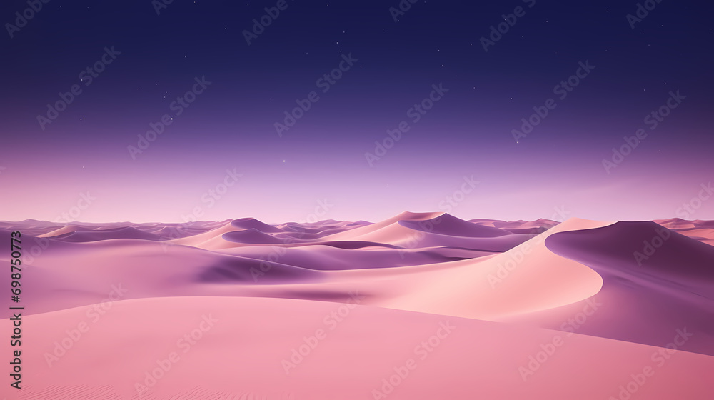 Desert landscape with sand dunes and pink lavender gradient starry sky, abstract poster web page PPT background, digital technology background