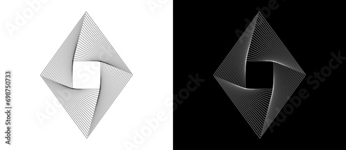 Striped rhombus with swirl lines as logo or icon. Black shape on a white background and the same white shape on the black side.