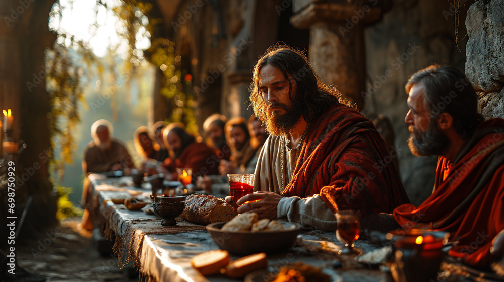 Jesus Christ and the apostles. Last Supper. Christian gospel illustration - obrazy, fototapety, plakaty 