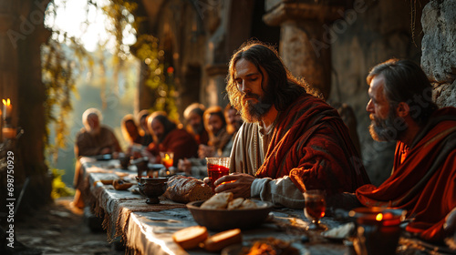 Jesus Christ and the apostles. Last Supper. Christian gospel illustration