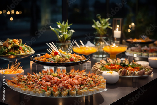 Close-up of the beautifully arranged buffet table at the office corporate party