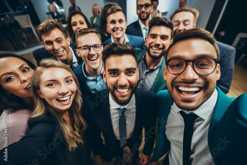 Office colleagues taking fun selfies or group photos at the corporate party