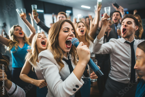 Employees enjoying karaoke or lip-sync battle moments at the office party photo