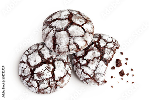 Chocolate brownie cookie isolated on white background. Top view. Flat lay