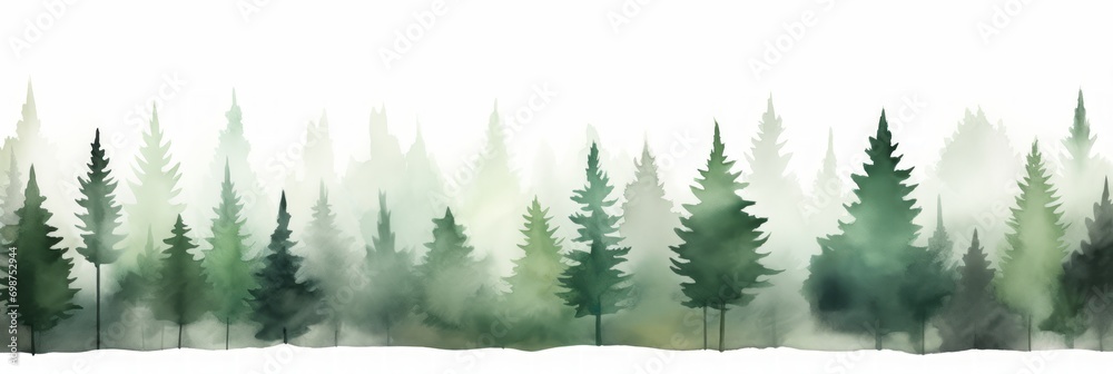 Watercolor Tree Line on White Background in Dark Green and Light Gray Style AI Generated