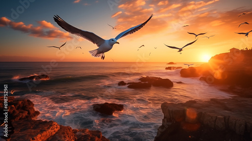 Möwen fliegen im Sonnenuntergang an einer Steilküste, goldene Stunde mit goldenem Licht an der Meeresküste