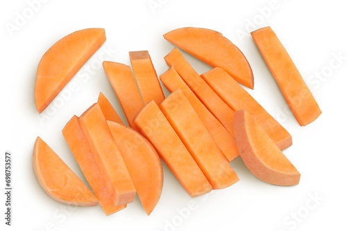 Sweet potato slices isolated on white background. Top view. Flat lay