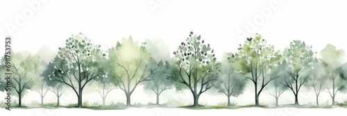 Dark Green and Light Gray Watercolor Tree Line on White Background AI Generated photo
