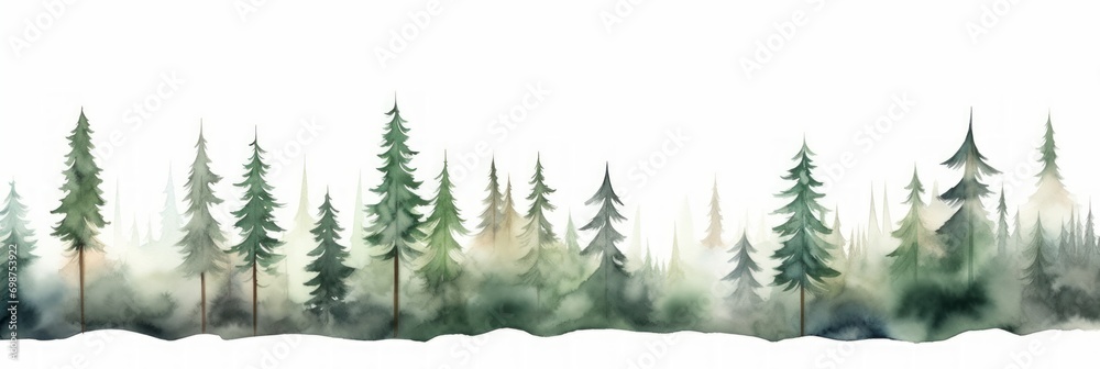 Watercolor Tree Line of Larch on White Background AI Generated