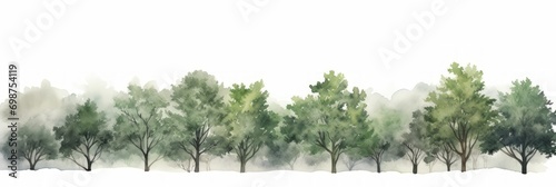 Watercolor Tree Line of Oak Live on White Background AI Generated