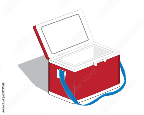 vector design of a red cooler box with a blue rope which is usually used to store fish or cold drinks placed with pieces of ice