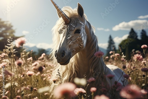 A mythical unicorn with a snow-white mane stands in a magical field with pink flowers under a blue sky with fluffy clouds. photo