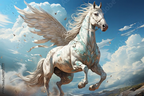 A white pegasus with luxurious spread wings in flight against a background of blue sky and white clouds. Concept  mythical animal