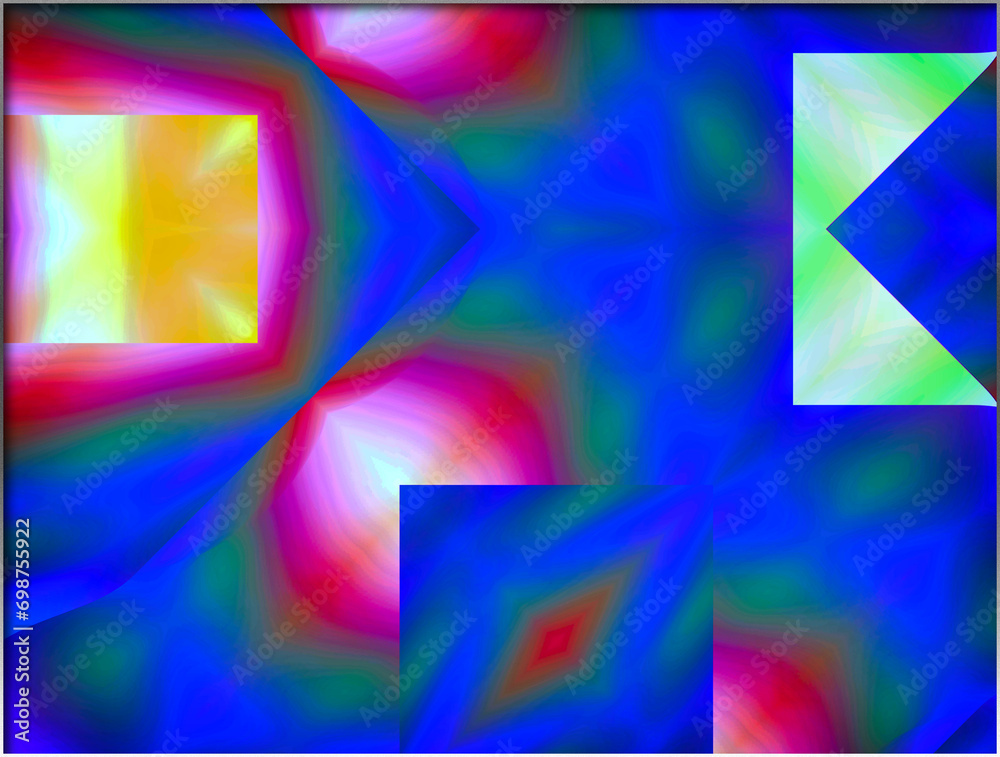 Abstract, Pink Shapes, and Multiple Green Patterns, set against Blue, within a Border