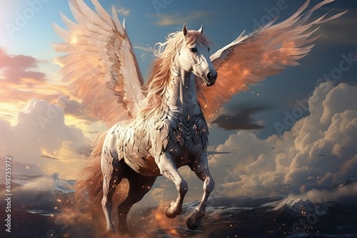 A magical pegasus with snow-white wings soars into the sky against the backdrop of a breathtaking sunset with bright red and golden clouds. Mythical horse photo