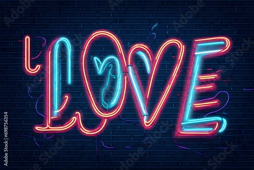 Love icon in neon style. Simple thin line, outline vector on brick wall