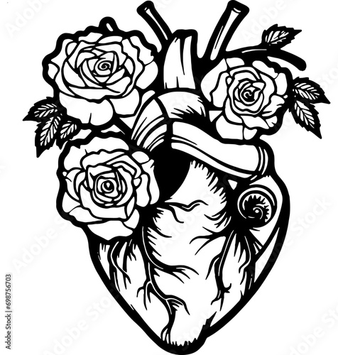 Anatomical heart with roses simple vector, Floral black heart silhouette, Valentine’s Day outline, love symbol graphic design