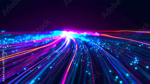 Illustration symbolizing the flow of data within network. Abstract image with pink and red neon lines with dots