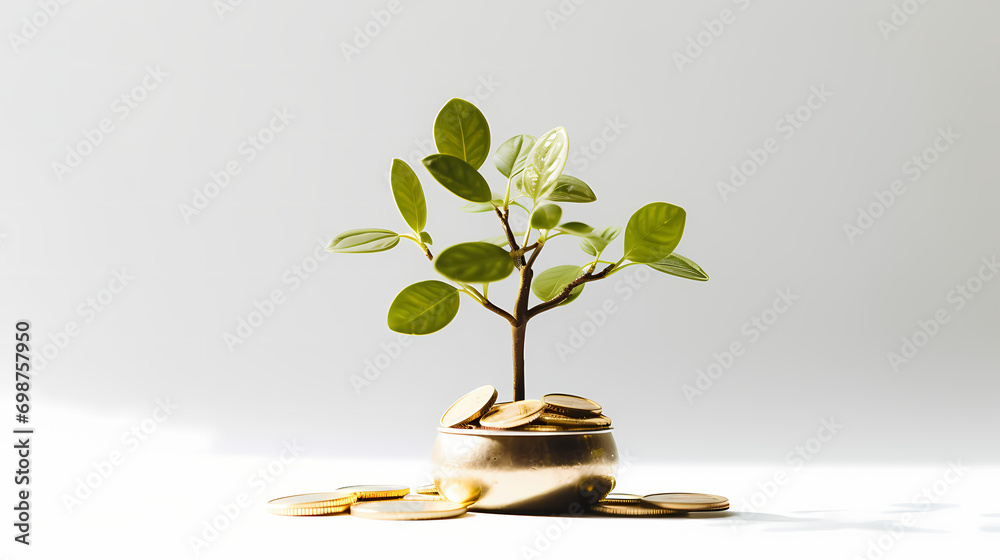 Junge Pflanze wächst aus einem Geld-Topf mit Münzen - obrazy, fototapety, plakaty 