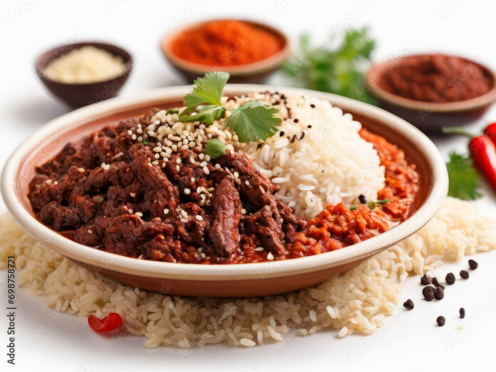 Mexican culinary symphony: spicy composition with pepper, chocolate, rice and lamb, side view Mexican culinary symphony: spicy composition with pepper, chocolate, rice and lamb, side view
