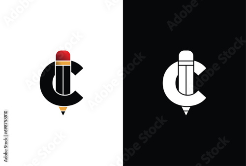 Letter C Pencil Logo Design. Letter C Pencil Vector Icon Graphic Illustration Background Template.