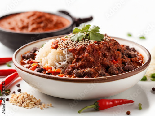 Exotic Mexico: a savory dish with a sauce of pepper, chocolate, rice and lamb, side view on a white background
