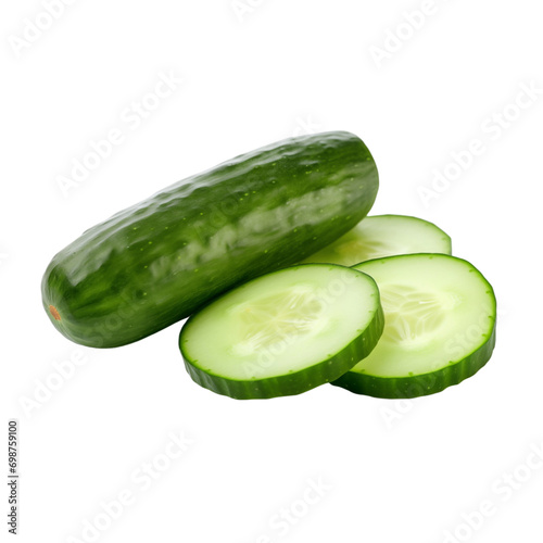 fresh organic cucumber cut in half sliced with leaves isolated on white background with clipping path