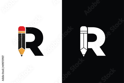 Letter R Pencil Logo Design. Letter R Pencil Vector Icon Graphic Illustration Background Template.